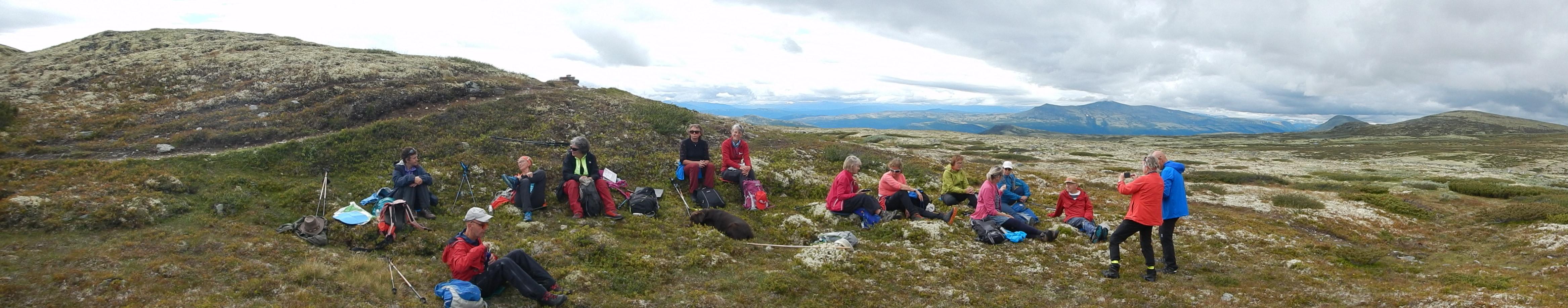 Turgjengen har lunsjpause rett innefor grensa til nasjonalparken. Vi ser fjellterrenget i bakgrunnen, mens folkene sitter i lyngen og koser seg.