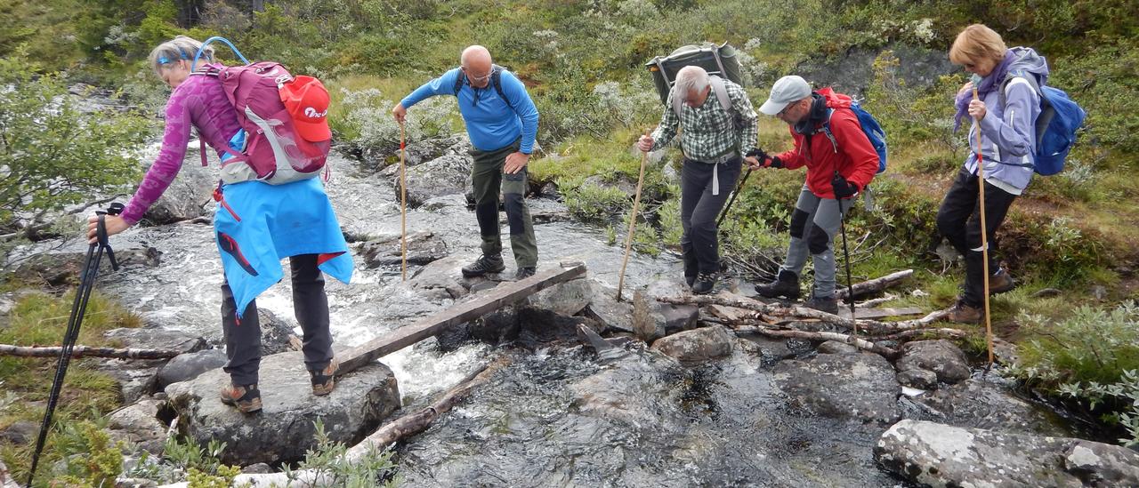 En gruppe på fem personer av ledsagere og synshemmede krysser en bekk over smale stokker, planker og steiner.