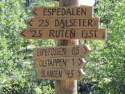 Bildet viser mange skilt på en påle. Skiltene peker til Espedalen, Dalseter, Ruten fjellstue, Espefossen, Olstappen og Slangen.